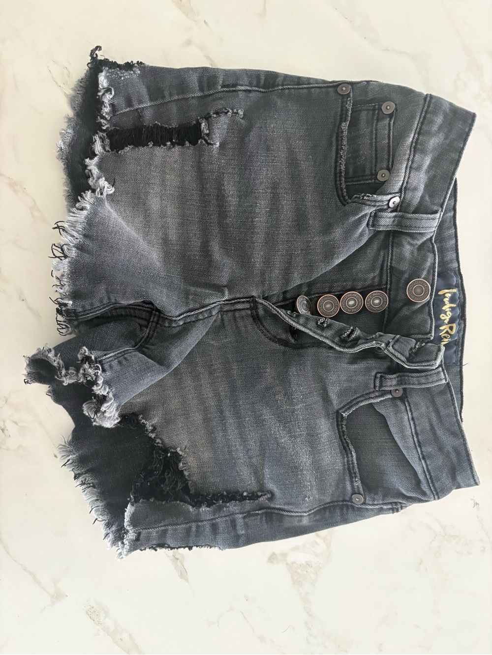 Finders Keepers Black Washed Denim Shorts with Gold Label